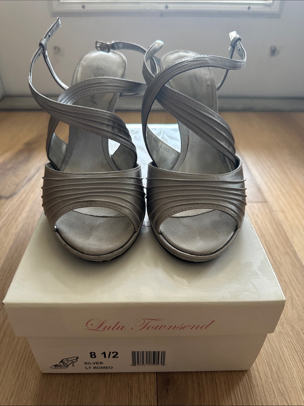 Lulu Townsend Metallic Silver Crisscross Open-Toe Heels